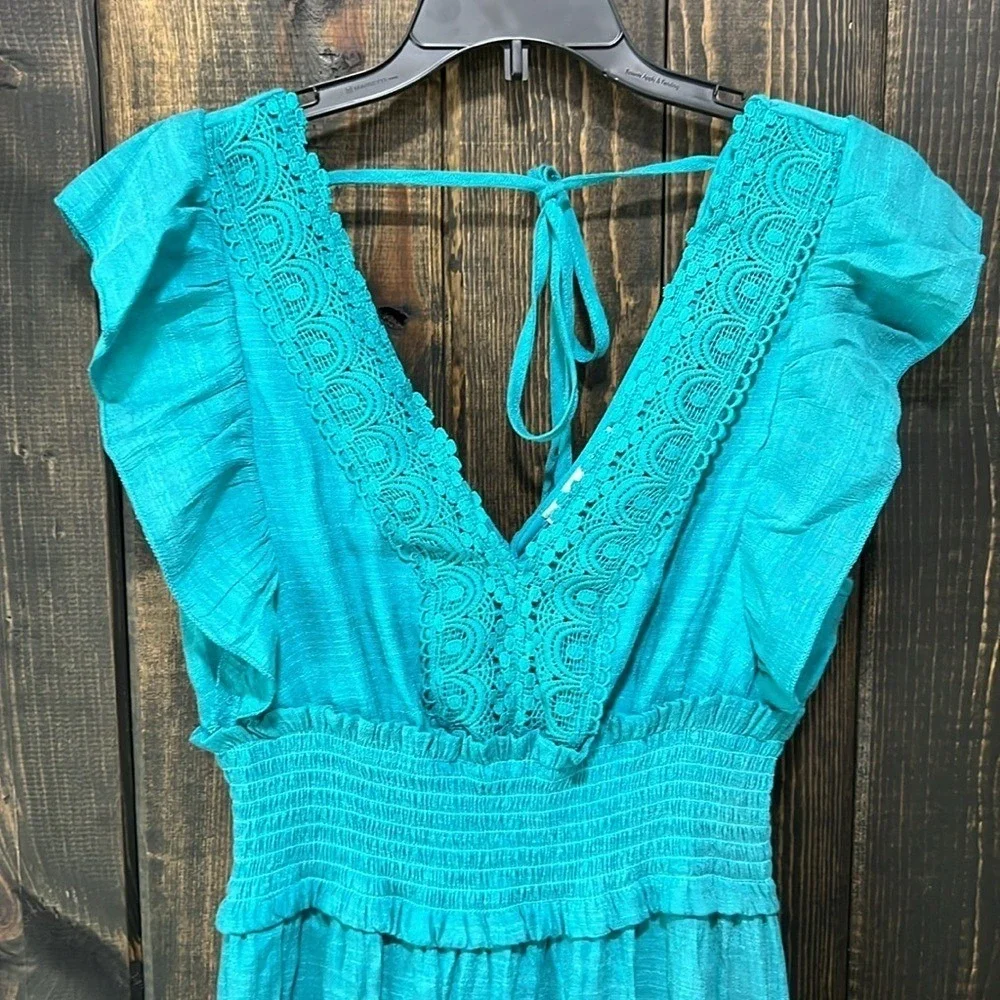 J Gee Maxi Dress S Teal Green‎ Blue Tiered Ruffle Boho Smocked Flutter Lace Trim - Picture 8 of 14